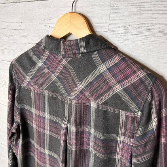 Anthropologie Cloth & Stone Top Womens Size Medium Gray & Pink Plaid Flannel - Picture 15 of 16
